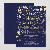 Invitation Fille jumelle de marine de rose d'or d'invitation (Devant / Derrière)