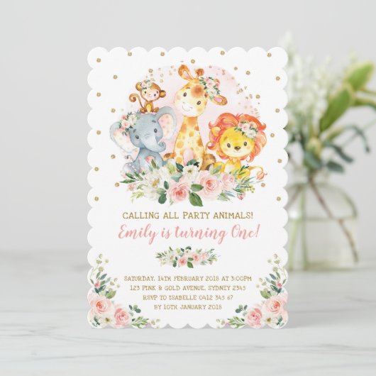 Invitation Fille Jungle Safari Animaux Wild Un 1er anniversai (Debout devant)