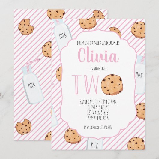 Invitation Fille Lait et Cookies Rose 2ème Anniversaire (Devant / Derrière)