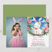 Invitation Fille Lapin Anniversaire Photo Jolie Fleurs roses (Devant / Derrière)
