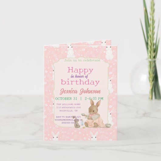 Invitation Fille lapin rose (Devant)