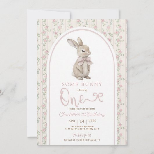 Invitation Fille lapin rose Coquette 1er anniversaire (Devant)
