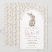 Invitation Fille lapin rose Coquette 1er anniversaire (Devant / Derrière)