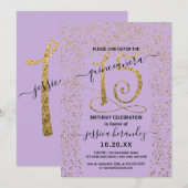Invitation Fille Lavande Doré Confetti Bordure Quinceañera (Devant / Derrière)