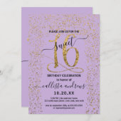 Invitation Fille Lavande Or Confetti Bordure Sweet 16 (Devant / Derrière)