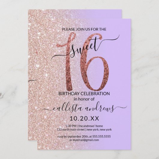 Invitation Fille Lavender Rose Parties scintillant Or Ombre S (Devant / Derrière)