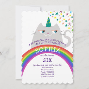 Invitation Fille Licorne Chat Arc-en-Ciel 6e Anniversaire