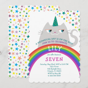 Invitation Fille Licorne Chat Arc-en-Ciel 7e Anniversaire