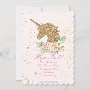 Invitation Fille licorne florale rose et or anniversaire