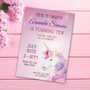 Invitation Fille Licorne Florale Rose Magique 10e Anniversair