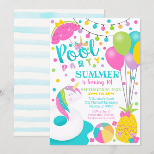 Invitation Fille Licorne Piscine Fête d'anniversai