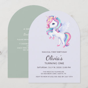 Invitation Fille Licorne Vert Sauge et Lavande 1er Anniversai