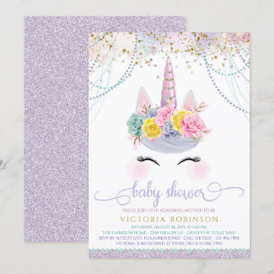 Invitation Fille licorne violette Baby Shower