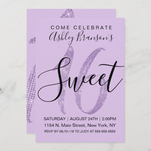 Invitation Fille Lilac Purple Sequin Parties scintillant Swee (Devant / Derrière)