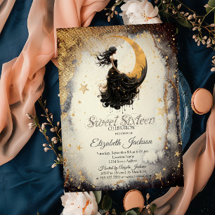 Invitation Fille lunaire céleste Aquarelle Étoiles dorées Swe