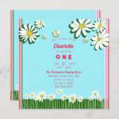 Invitation Fille marguerites douces Champ rose Vert Turquoise (Devant / Derrière)