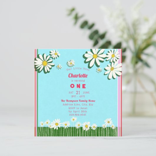Invitation Fille marguerites douces Champ rose Vert Turquoise (Debout devant)