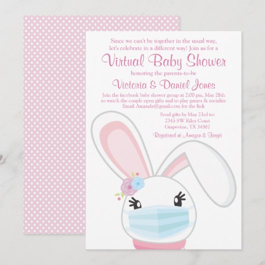 Invitation Fille Masque de Lapin Bébé Shower Virtuel de Bébé (Devant / Derrière)