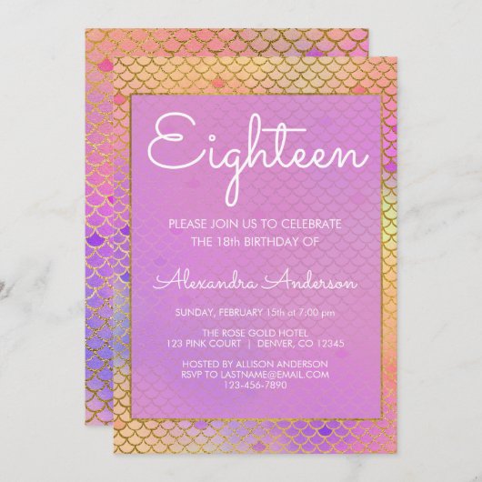 Invitation Fille mauve, rose et jaune 18e anniversaire (Devant / Derrière)