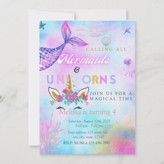 Invitation Fille Mermaid et Unicorn Anniversaire (Devant)