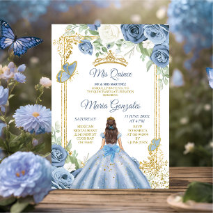 Invitation Fille Mexicaine Bleu Poussiéreux Fleurie 16ème Ann