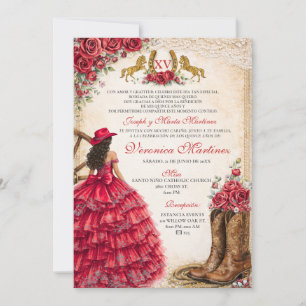 Invitation Fille mexicaine rouge floral Charra Quinceañera oc