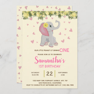 Invitation Fille mignonne Aquarelle Eléphant Floral 1er Anniv