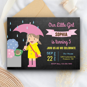 Invitation Fille mignonne avec parapluie   Rainy Birthday Par