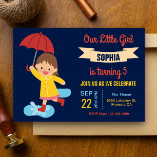 Invitation Fille mignonne avec parapluie   Rainy Day Birthday