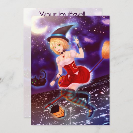 Invitation Fille mignonne de sorcière d'anime avec des chats (Devant / Derrière)