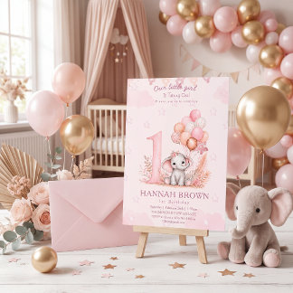 Invitation Fille mignonne éléphant rose 1er anniversaire flor