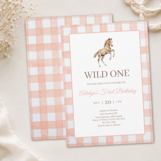 Invitation Fille Mignonne Gingham Pêche Cheval Premier Annive