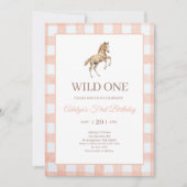 Invitation Fille Mignonne Gingham Pêche Cheval Premier Annive (Devant)