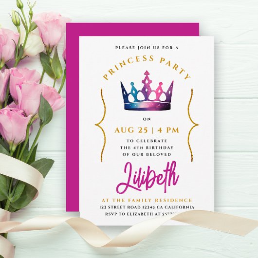 Invitation Fille mignonne princesse rose couronne aquarelle