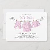 Invitation Fille mignonne rose bébé Clothesline Baby shower d (Devant)