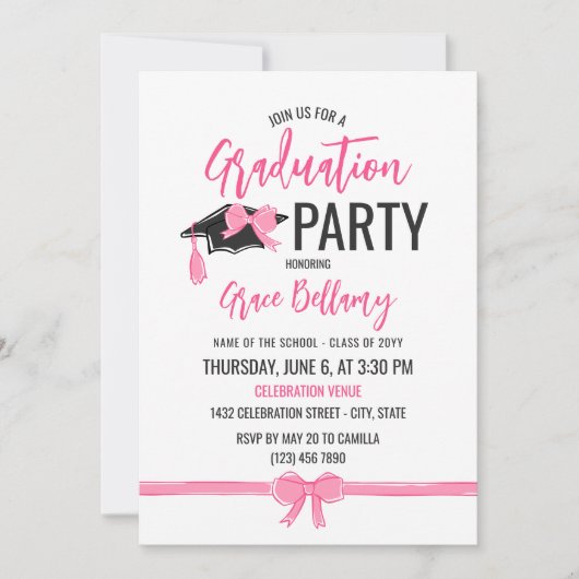 Invitation Fille mignonne Rose Bows Célébration de la graduat (Devant)