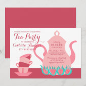 Invitation Fille mignonne rose Turquoise Fête de thé Floral A (Devant / Derrière)