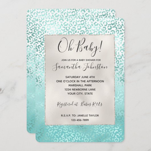 Invitation Fille Mint Blanc Glam Ombre Empreinte de léopard (Devant / Derrière)