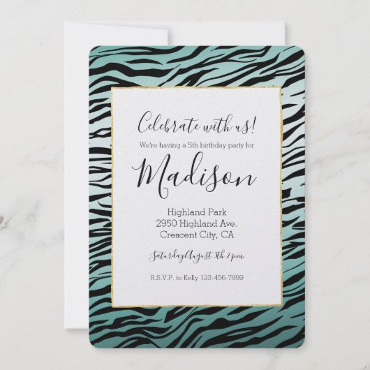 Invitation Fille Mint Ombre Black Zebra Impression (Devant)