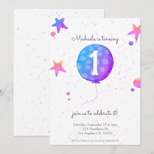 Invitation Fille moderne 1er anniversaire (Devant / Derrière)