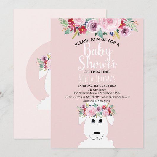 Invitation Fille Moderne Aquarelle Lamb & Fleurs Baby shower (Devant / Derrière)