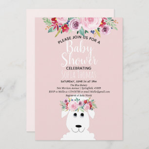 Invitation Fille Moderne Aquarelle Lamb & Fleurs Baby shower