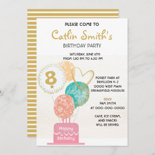 Invitation Fille moderne Gold Balloons Anniversaire de enfant