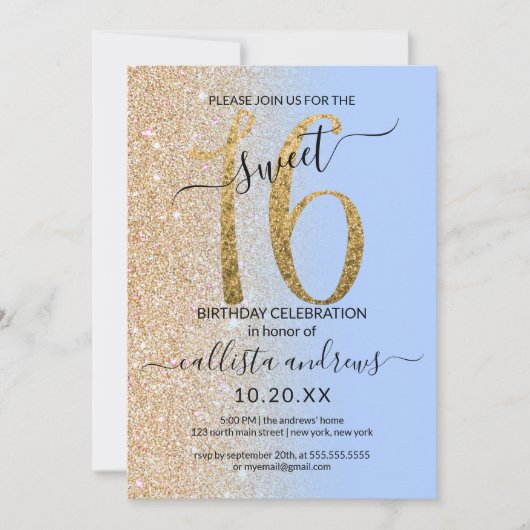 Invitation Fille moderne Parties scintillant bleue or Ombre S (Devant)