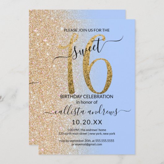 Invitation Fille moderne Parties scintillant bleue or Ombre S (Devant / Derrière)