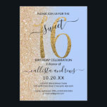 Invitation Fille moderne Parties scintillant bleue or Ombre S<br><div class="desc">Cette invitation à fêter un sweet sixteen chic et féminin est parfaite pour la journée spéciale de votre jeune fille adolescente. Il présente une grande parties scintillant en or brillant, "16", imbriquée d'une simple parties scintillant en bleu serenity pastel et en faux or, sur les côtés, dégradé ombre arrière -...</div>