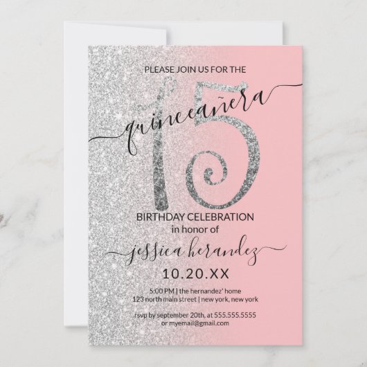 Invitation Fille moderne Parties scintillant rose argent Ombr (Devant)