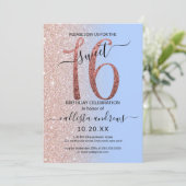 Invitation Fille moderne Rose bleu Parties scintillant or Omb (Debout devant)