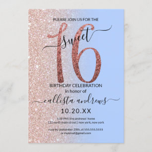 Invitation Fille moderne Rose bleu Parties scintillant or Omb
