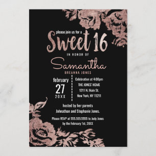 Invitation Fille moderne Rose noir or Floral Sweet 16